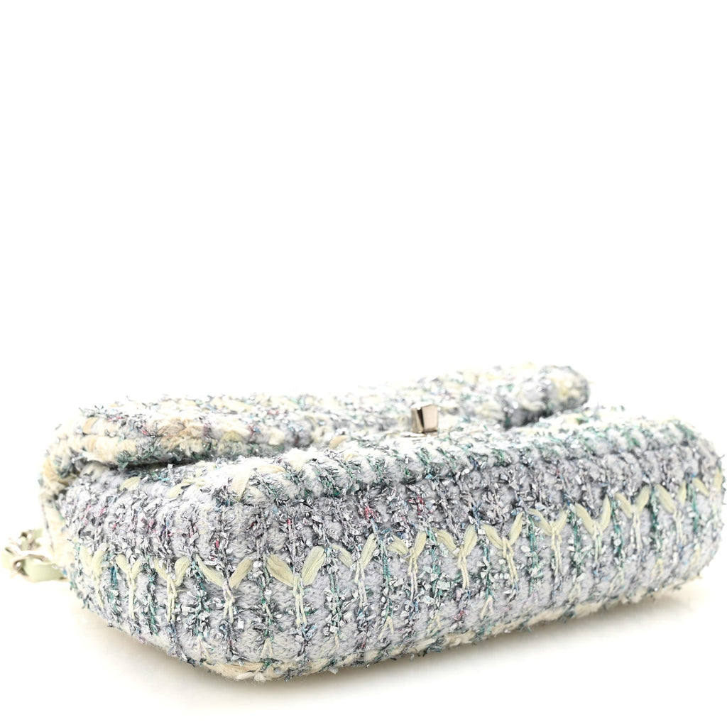 Chanel Tweed Quilted Mini Rectangular Flap Light Green Silver White