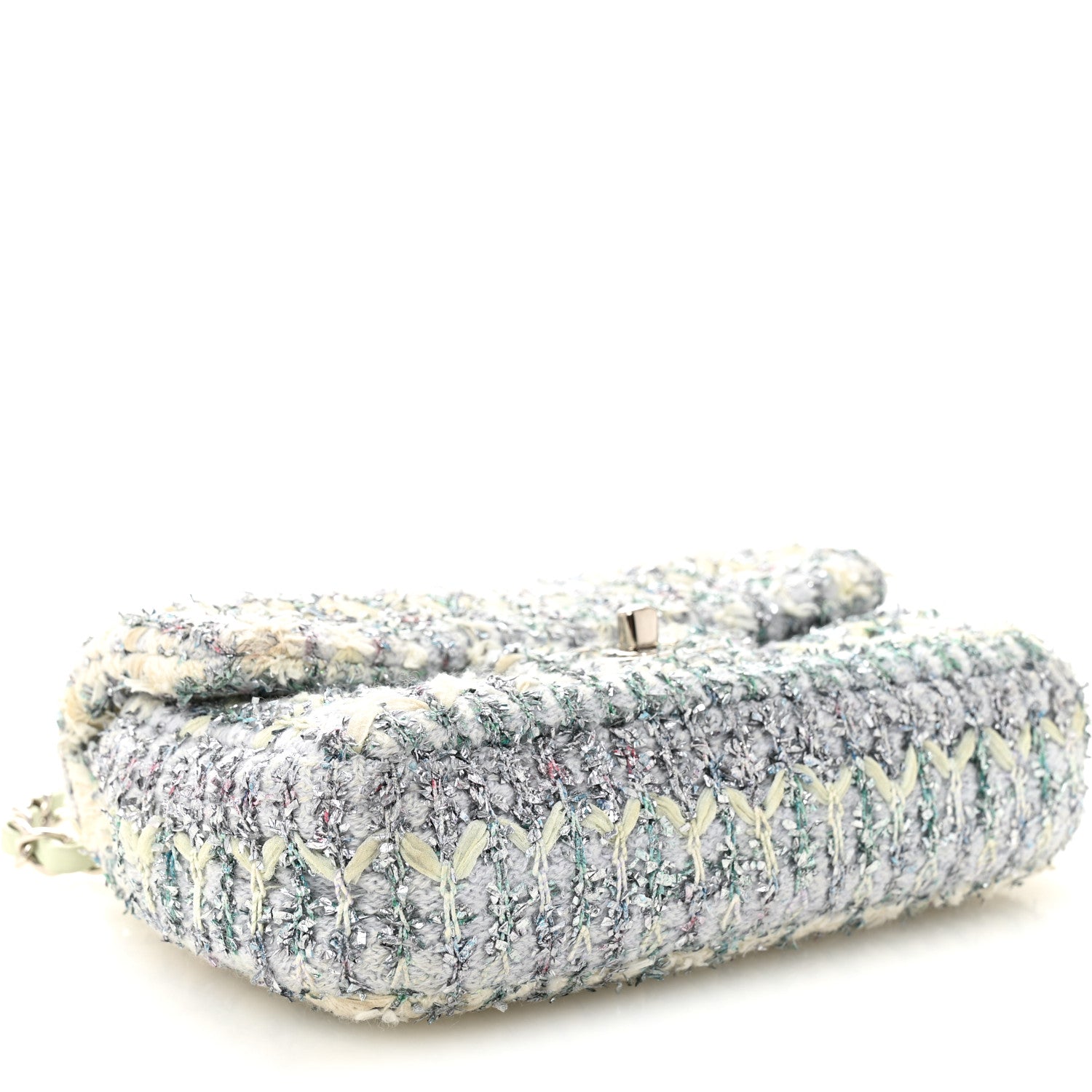 Chanel Tweed Quilted Mini Rectangular Flap Light Green Silver White