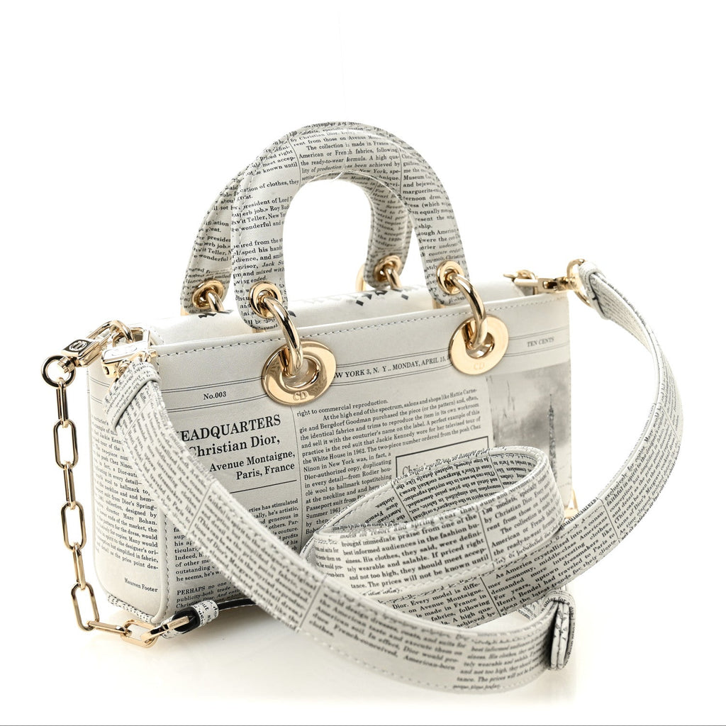 Christian Dior Calfskin Newspaper Printed Small Lady D-Joy Black White
