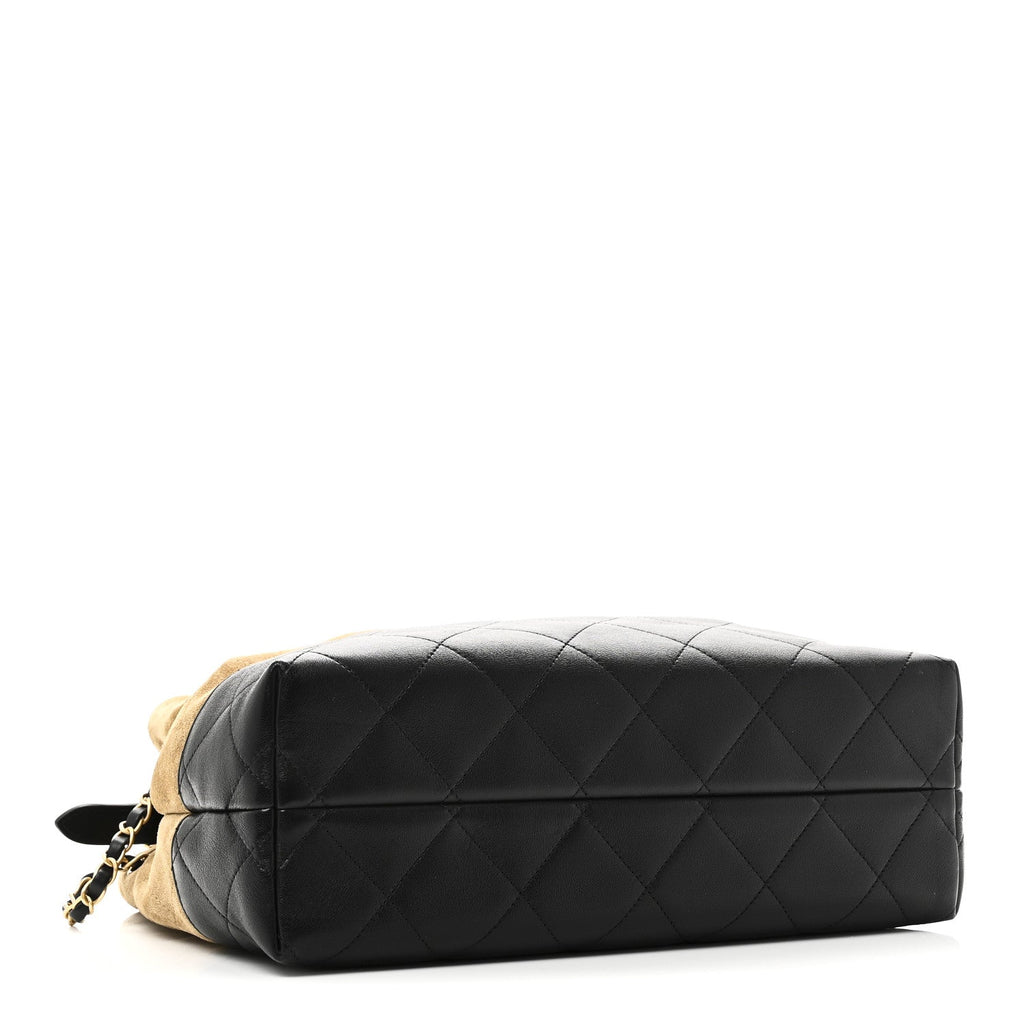 Chanel Suede Calfskin Shiny Lambskin Quilted Small Coco Base Shopping Bag Beige Black
