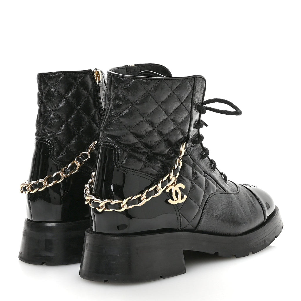 Chanel Shiny Calfskin Patent Quilted Chain Lace Up Combat Boots 40 Black