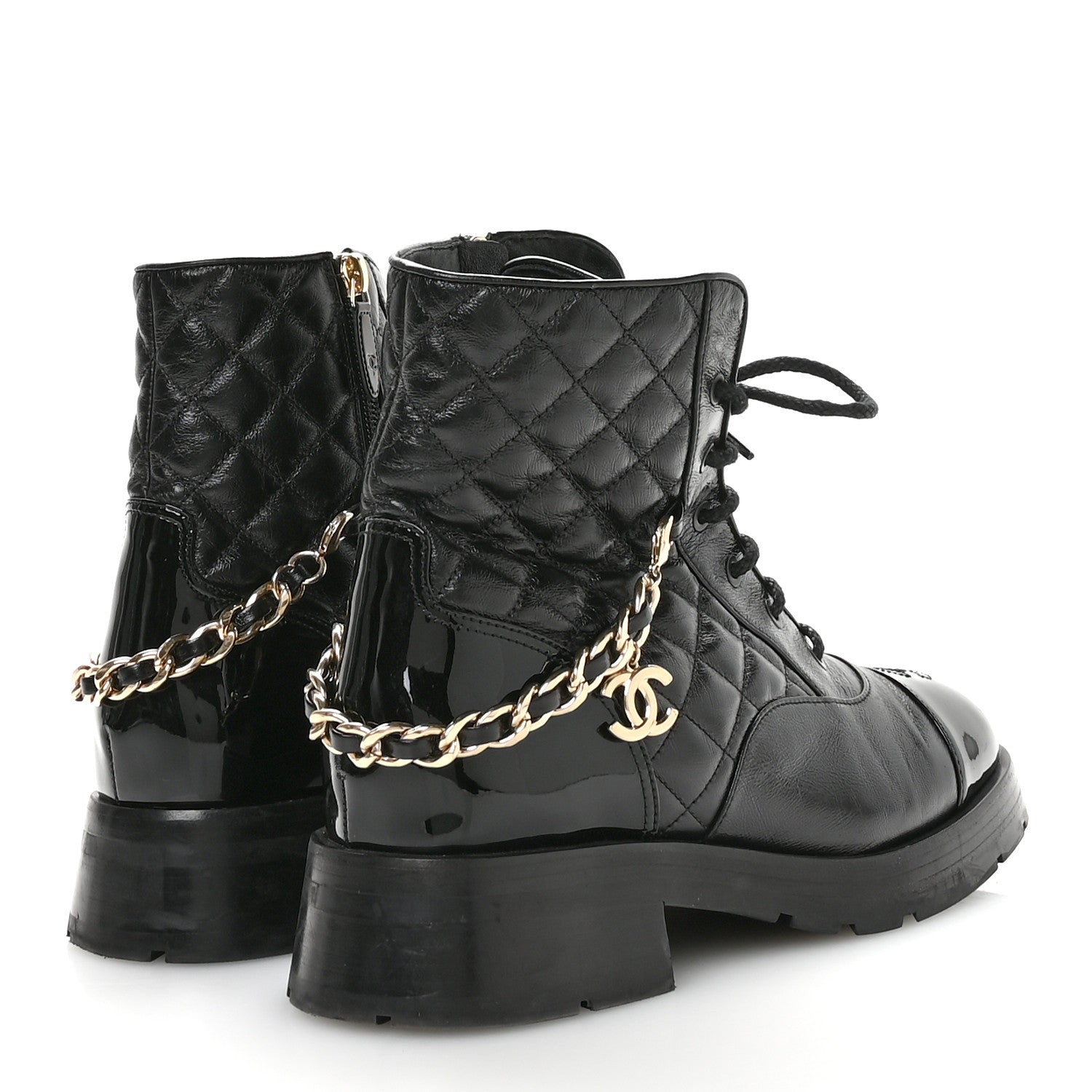 Chanel Shiny Calfskin Patent Quilted Chain Lace Up Combat Boots 40 Black