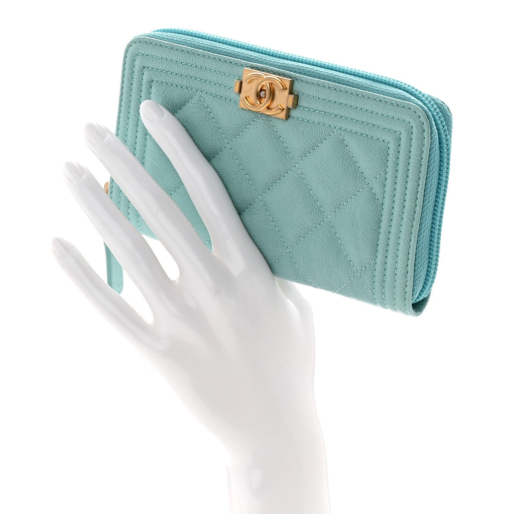 Caviar Quilted Small Boy Zip Around Wallet Light Blue
