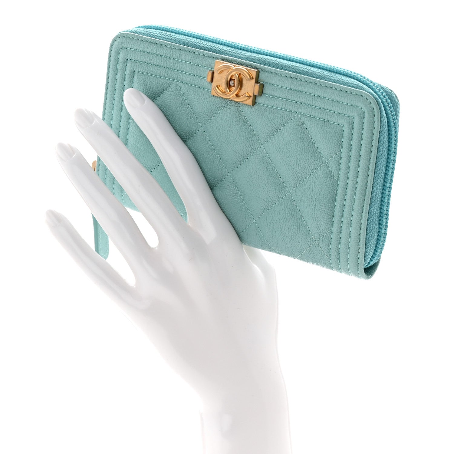 Caviar Quilted Small Boy Zip Around Wallet Light Blue
