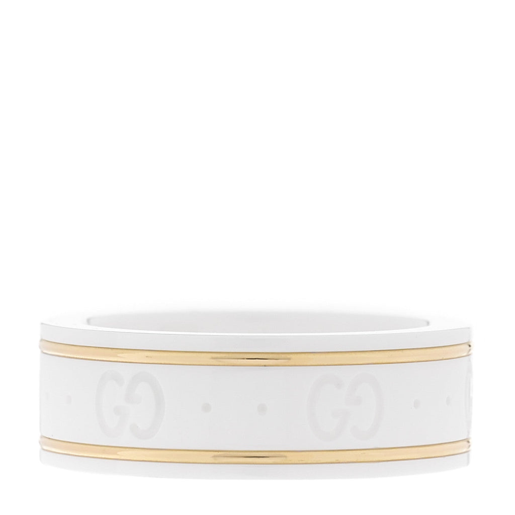 Gucci 18K Yellow Gold Ceramic Icon Band Ring 53 6.25 White