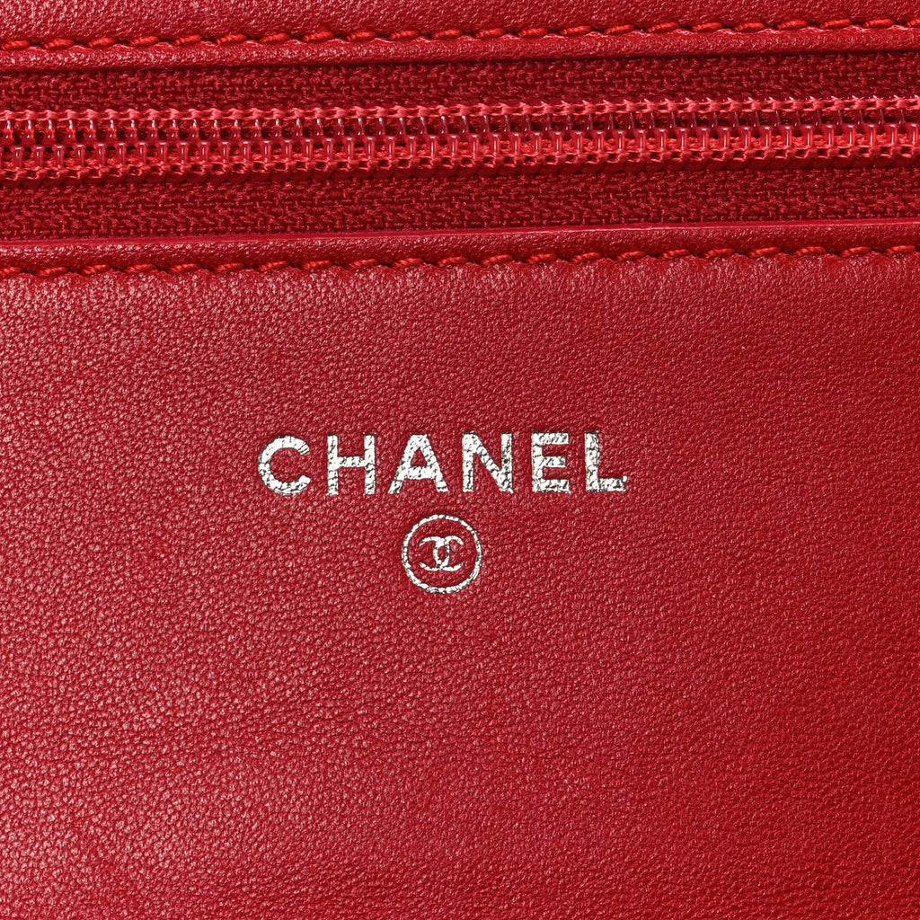 Chanel Lambskin Camellia Embossed Wallet on Chain WOC Red