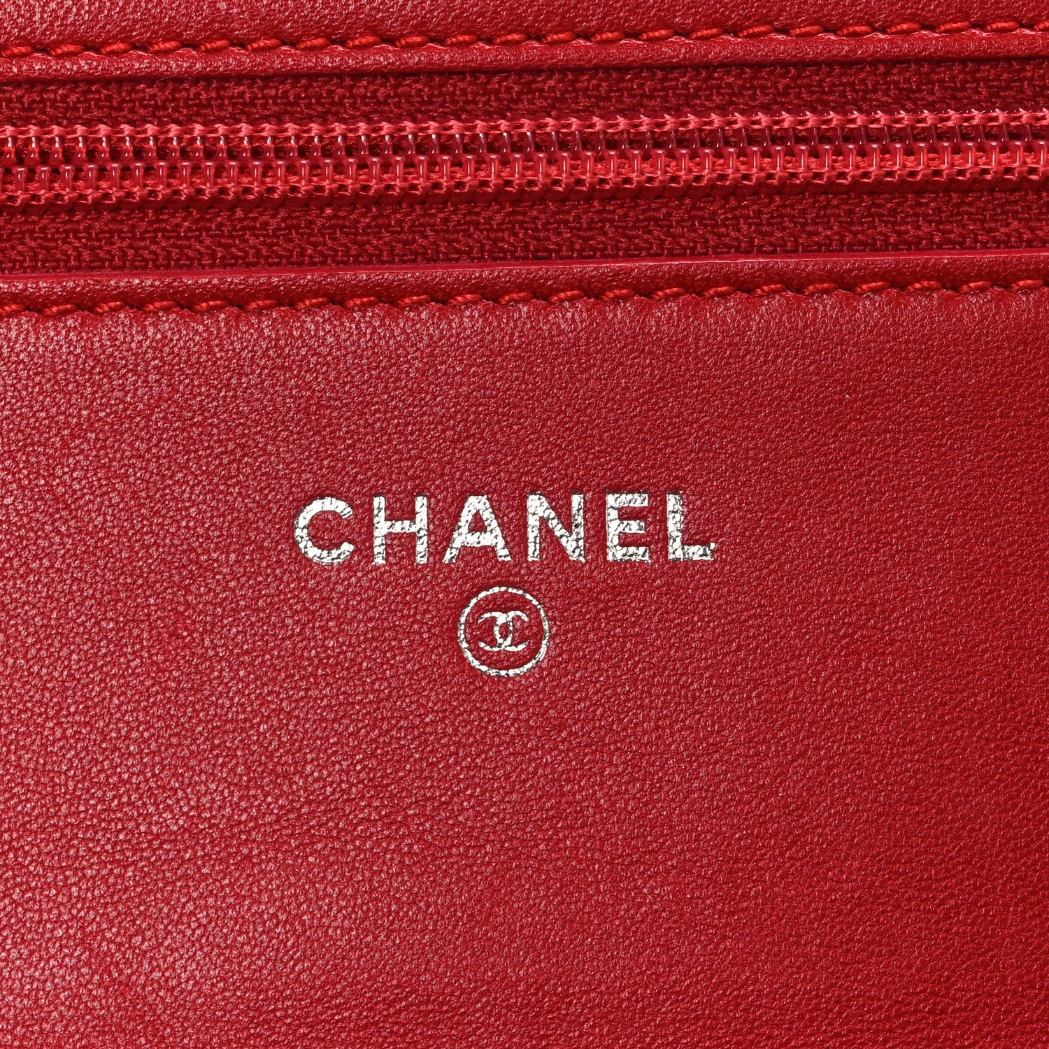 Chanel Lambskin Camellia Embossed Wallet on Chain WOC Red