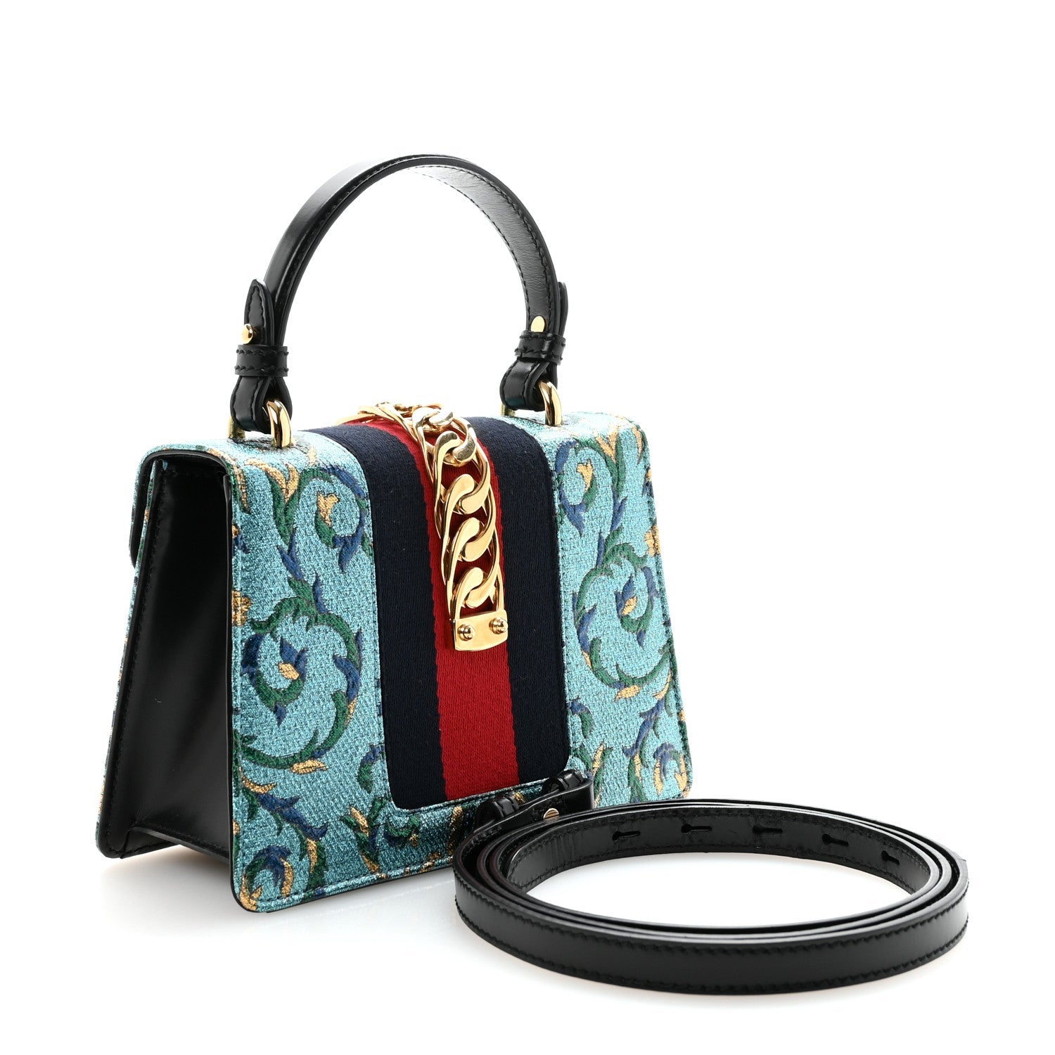 Gucci Iridescent Brocade Mini Sylvie Top Handle Bag Azure