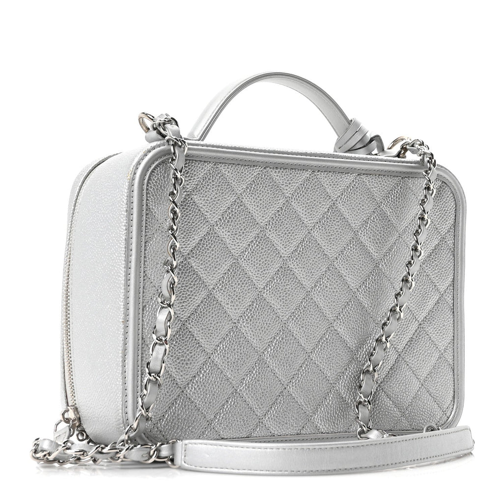 Chanel Metallic Caviar Quilted Large CC Filigree Vanity Case Silver
