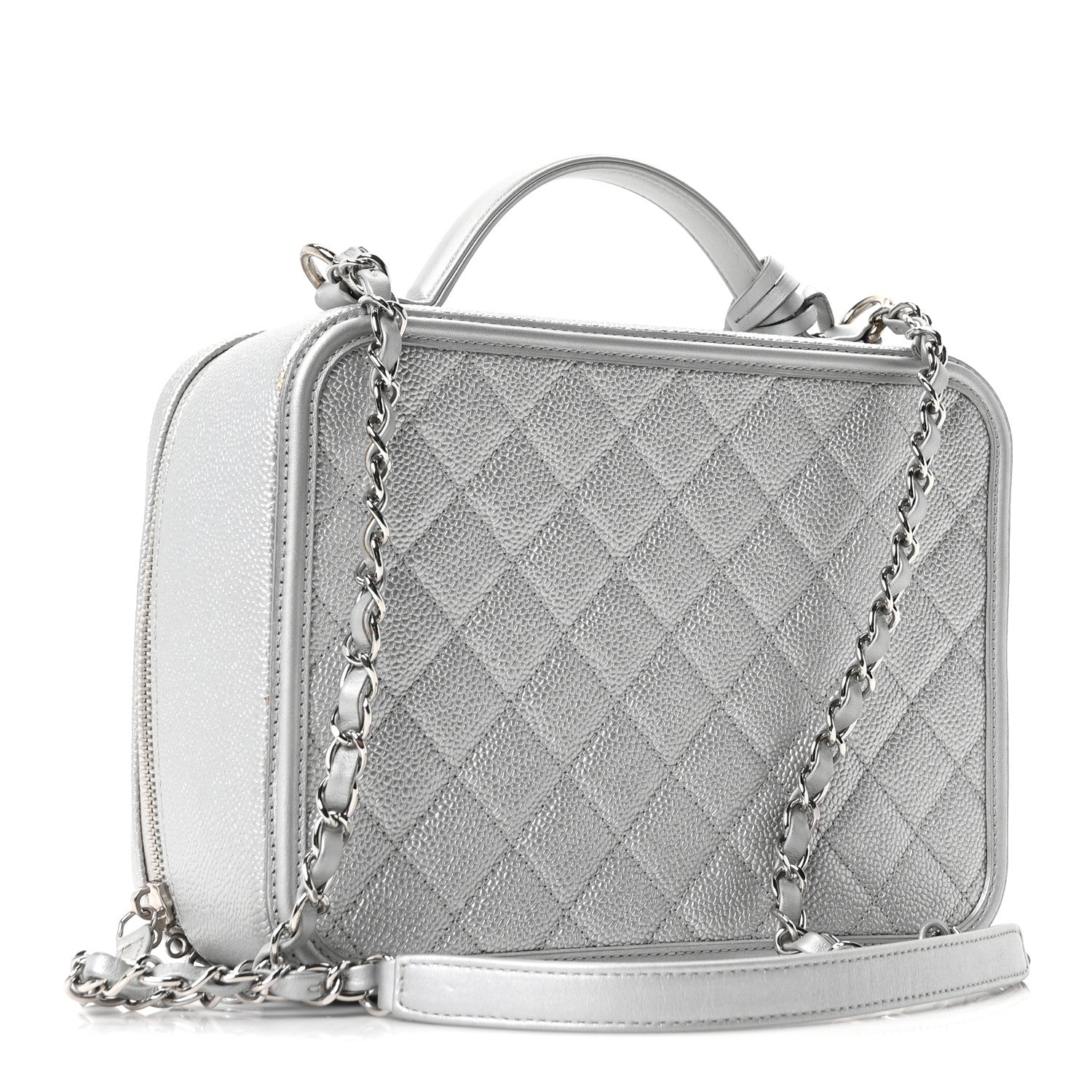 Chanel Metallic Caviar Quilted Large CC Filigree Vanity Case Silver