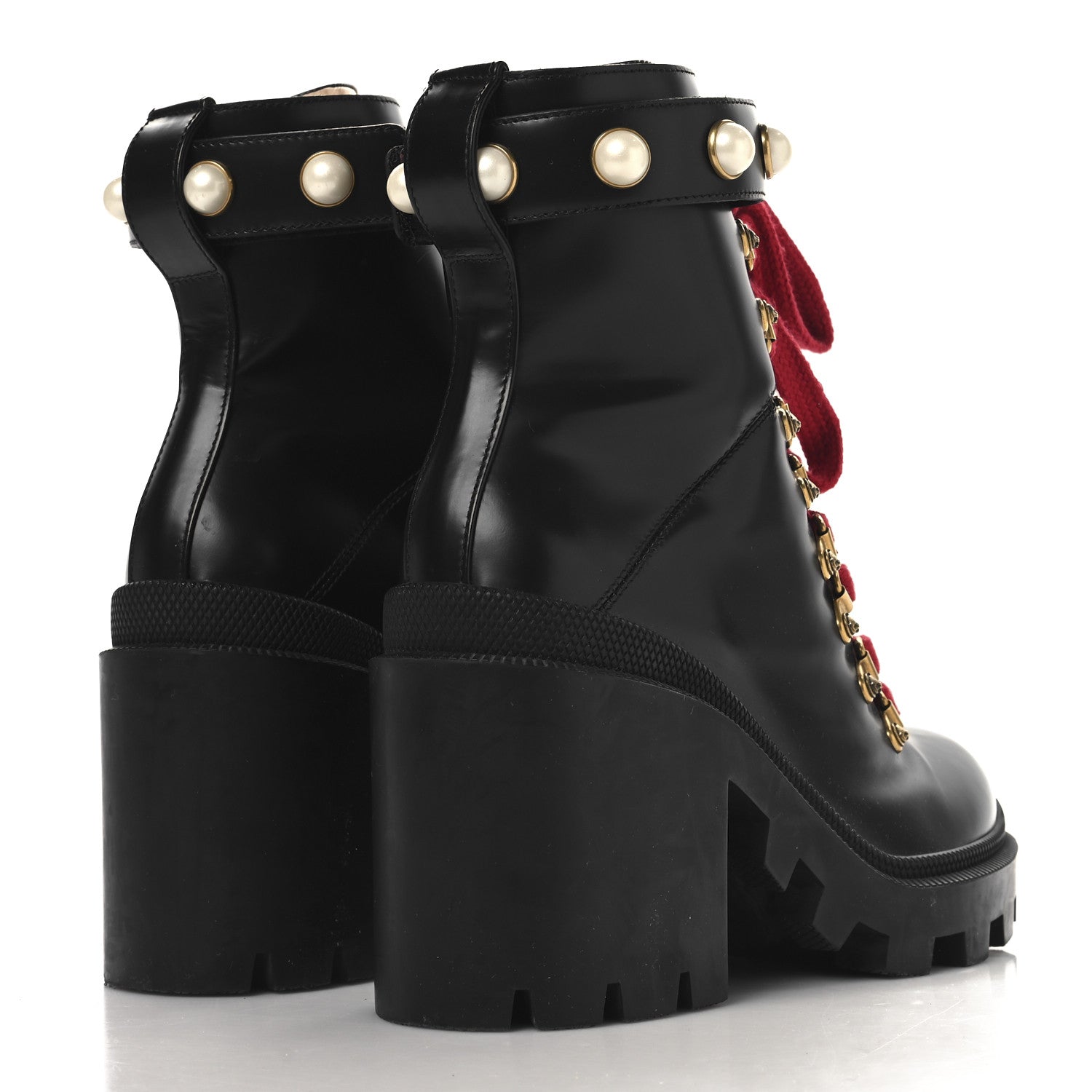 Gucci Magnum Calfskin Pearl Lace Up Combat Ankle Boots 36.5 Black