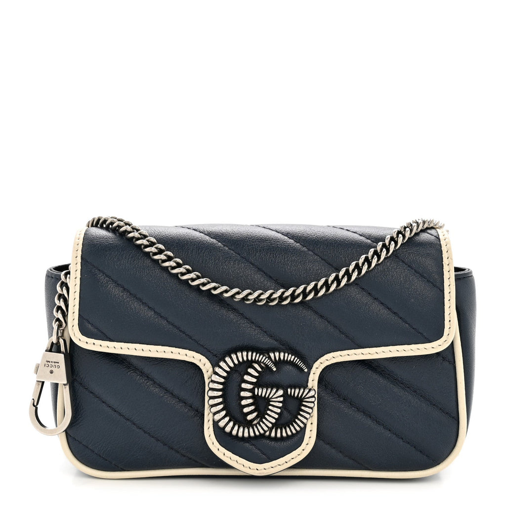 Gucci Vintage Effect Calfskin Matelasse Diagonal Super Mini Torchon GG Marmont Shoulder Bag Blue Agata Mystic White