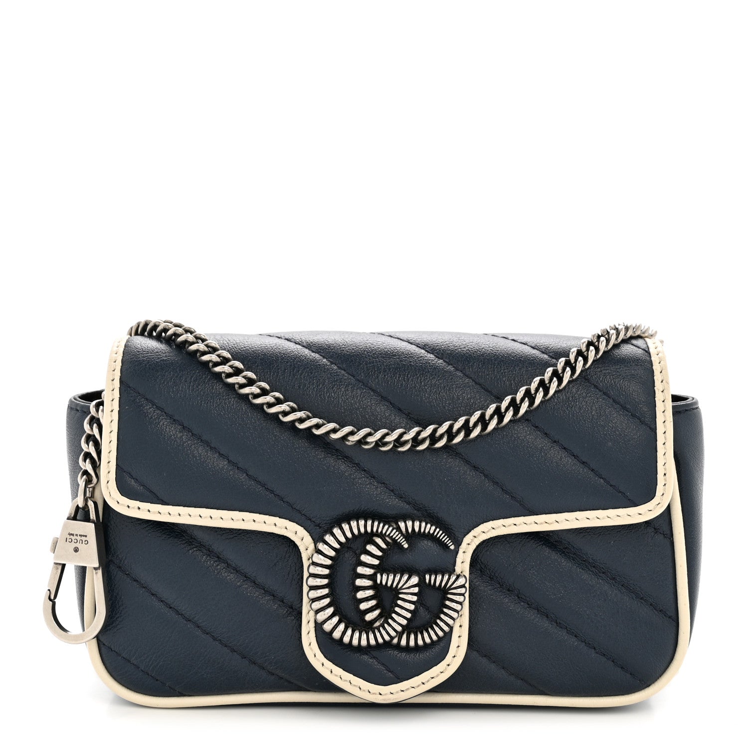 Gucci Vintage Effect Calfskin Matelasse Diagonal Super Mini Torchon GG Marmont Shoulder Bag Blue Agata Mystic White