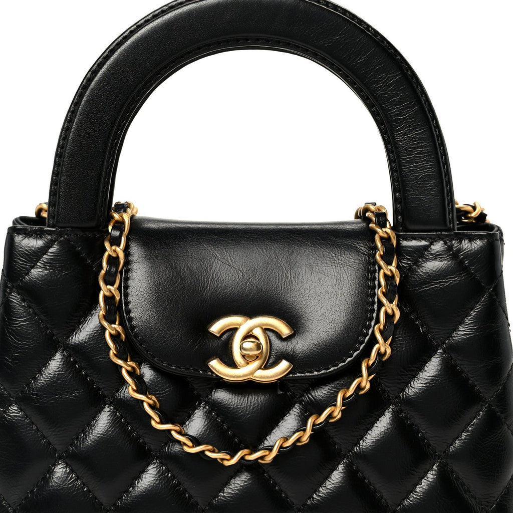 Chanel Shiny Aged Calfskin Quilted Nano Kelly Shopper Black