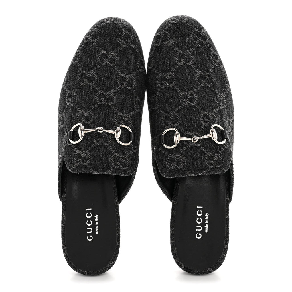Gucci New Denim GG Malaga Kid Womens Princetown Slippers 36 Grey Black