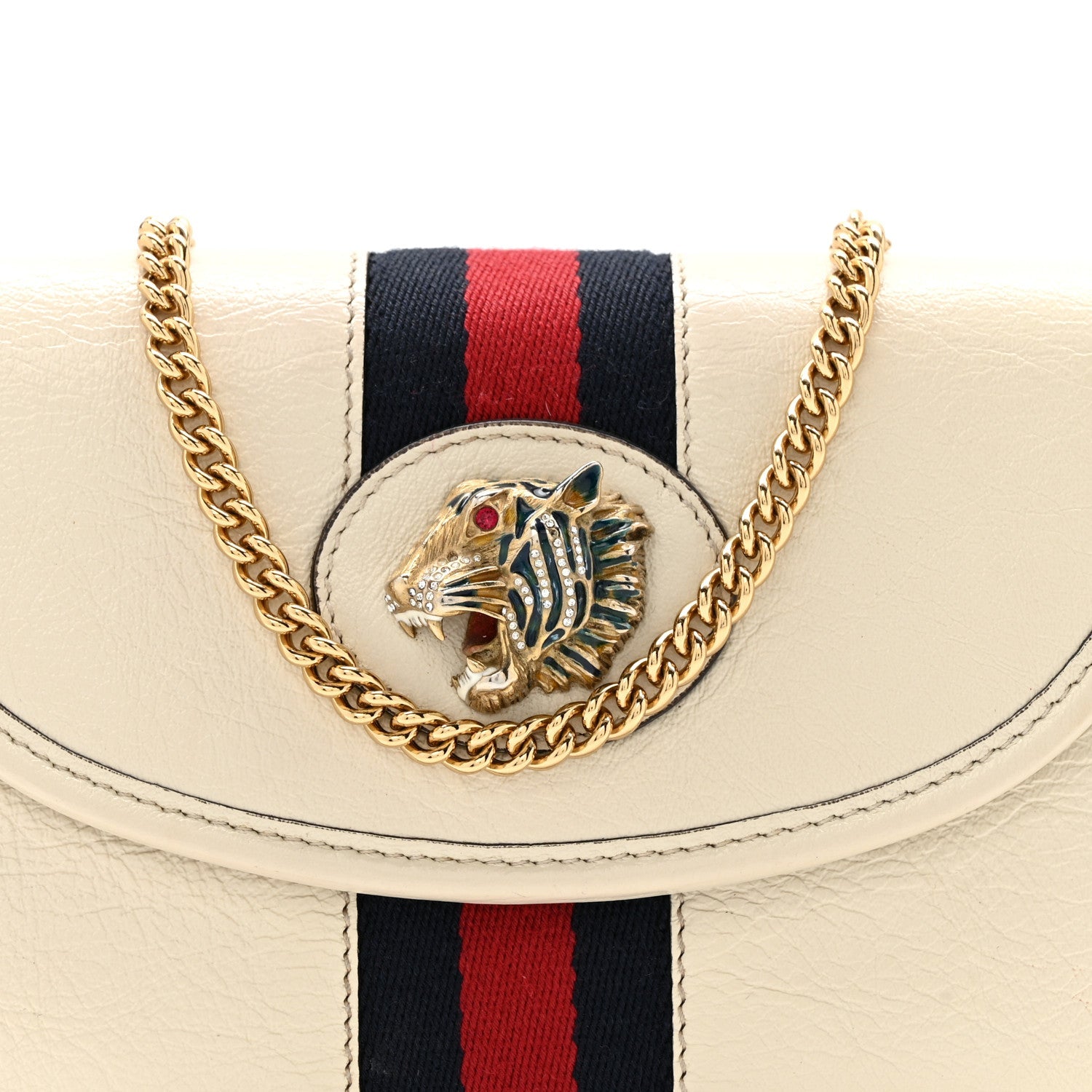 Gucci Textured Calfskin Web Mini Rajah Slim Flap Shoulder Bag Mystic White