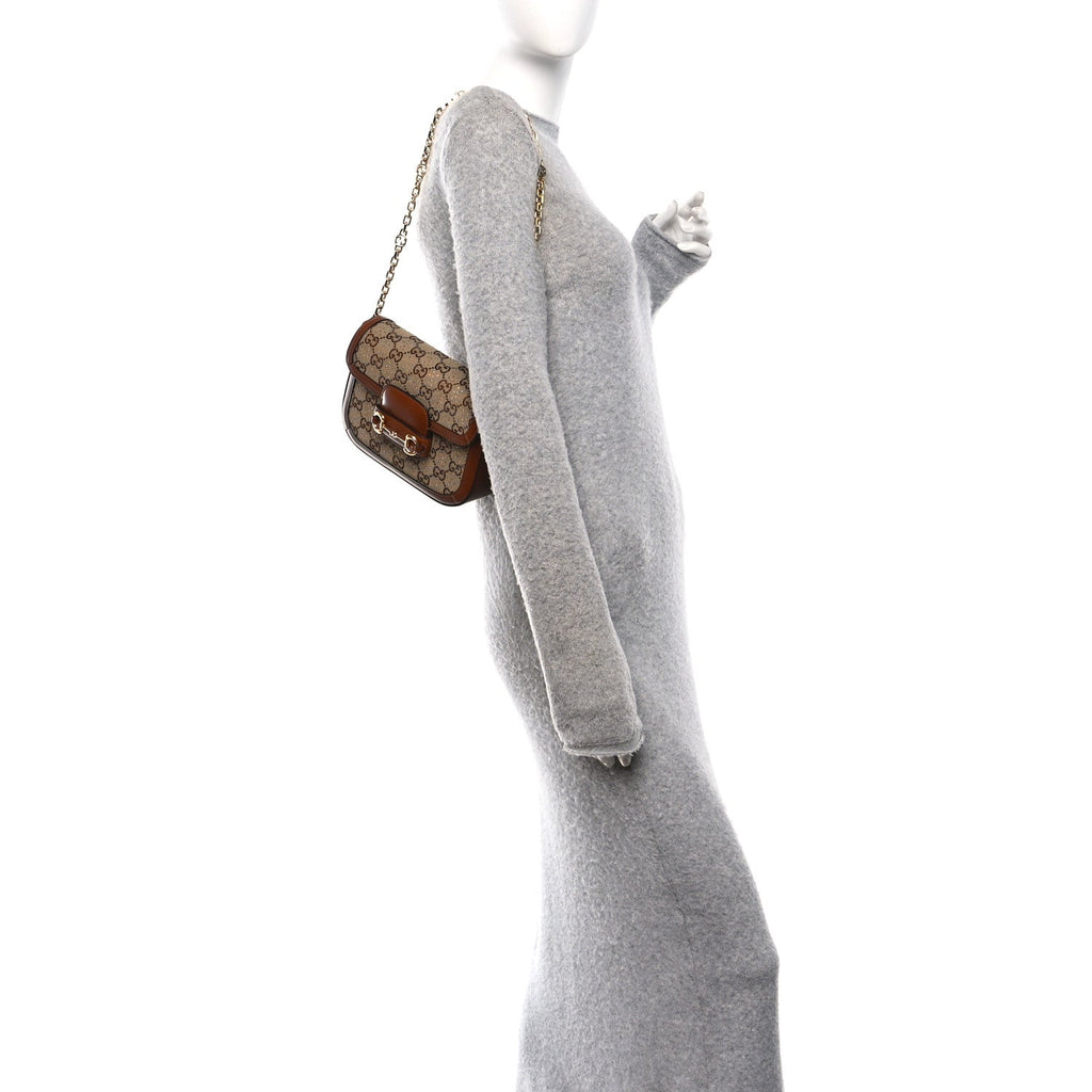 Gucci New Canvas Charisma Calfskin Crystal GG Monogram Mini Horsebit 1955 Shoulder Bag Camel Ebony