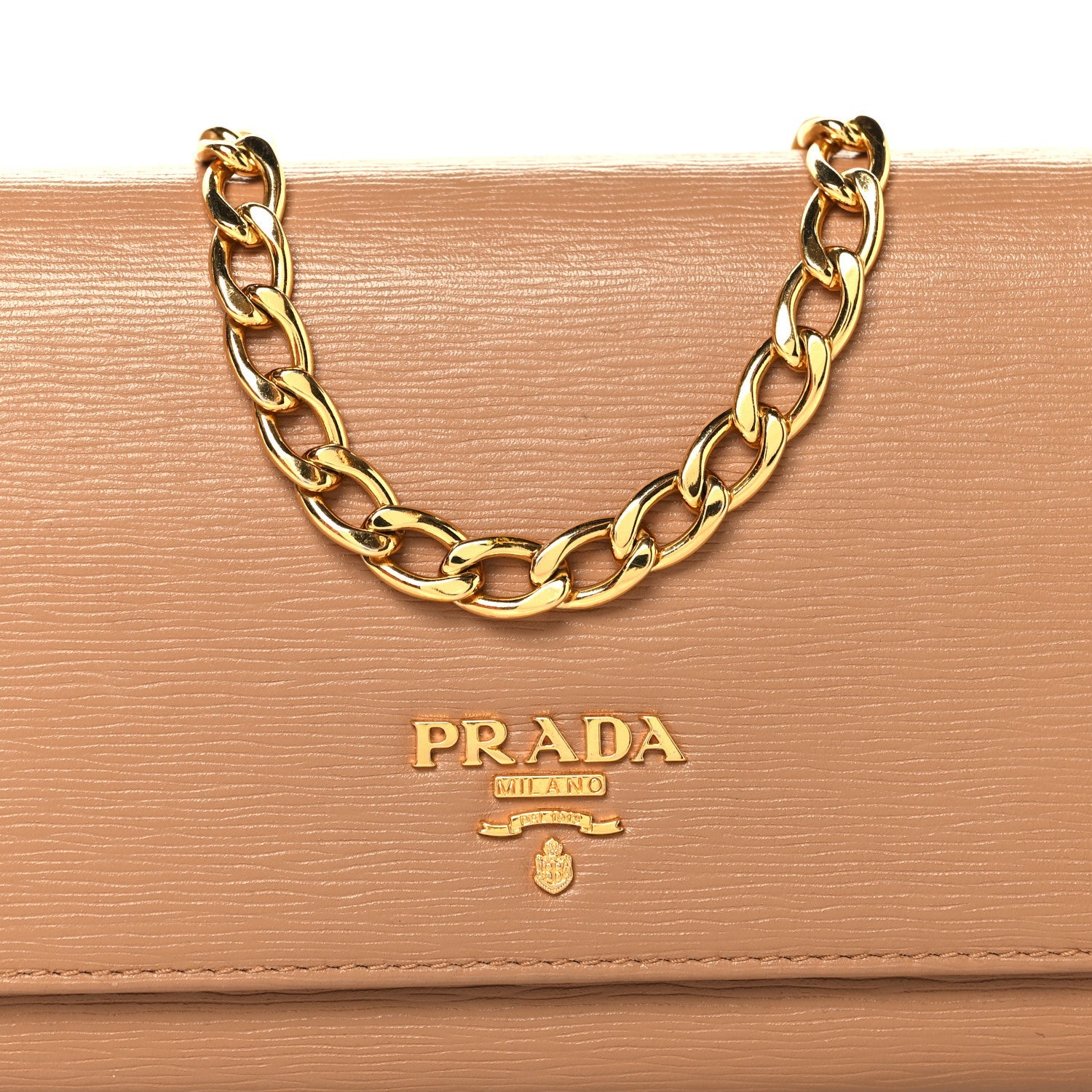 Prada Vitello Move Metal Oro Chain Wallet Caramel