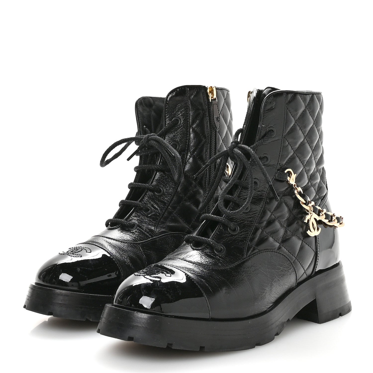 Chanel Shiny Calfskin Patent Quilted Chain Lace Up Combat Boots 40 Black