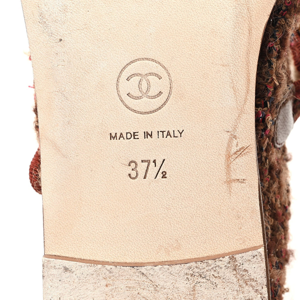 Chanel Wool Tweed Mary Jane Flats 37.5 Brown Red Dark Blue