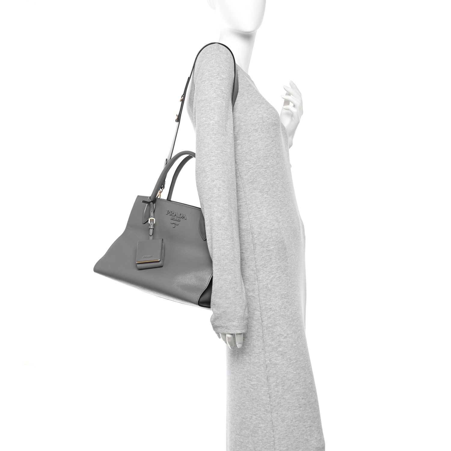 Prada Saffiano Cuir Calfskin Medium Monochrome Top Handle Tote Ardesia