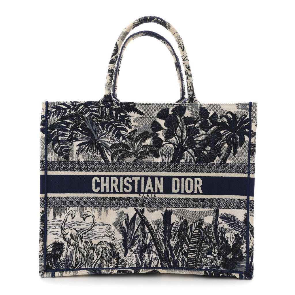 Christian Dior Canvas Embroidered Large Palm Tree Toile De Jouy Book Tote Blue