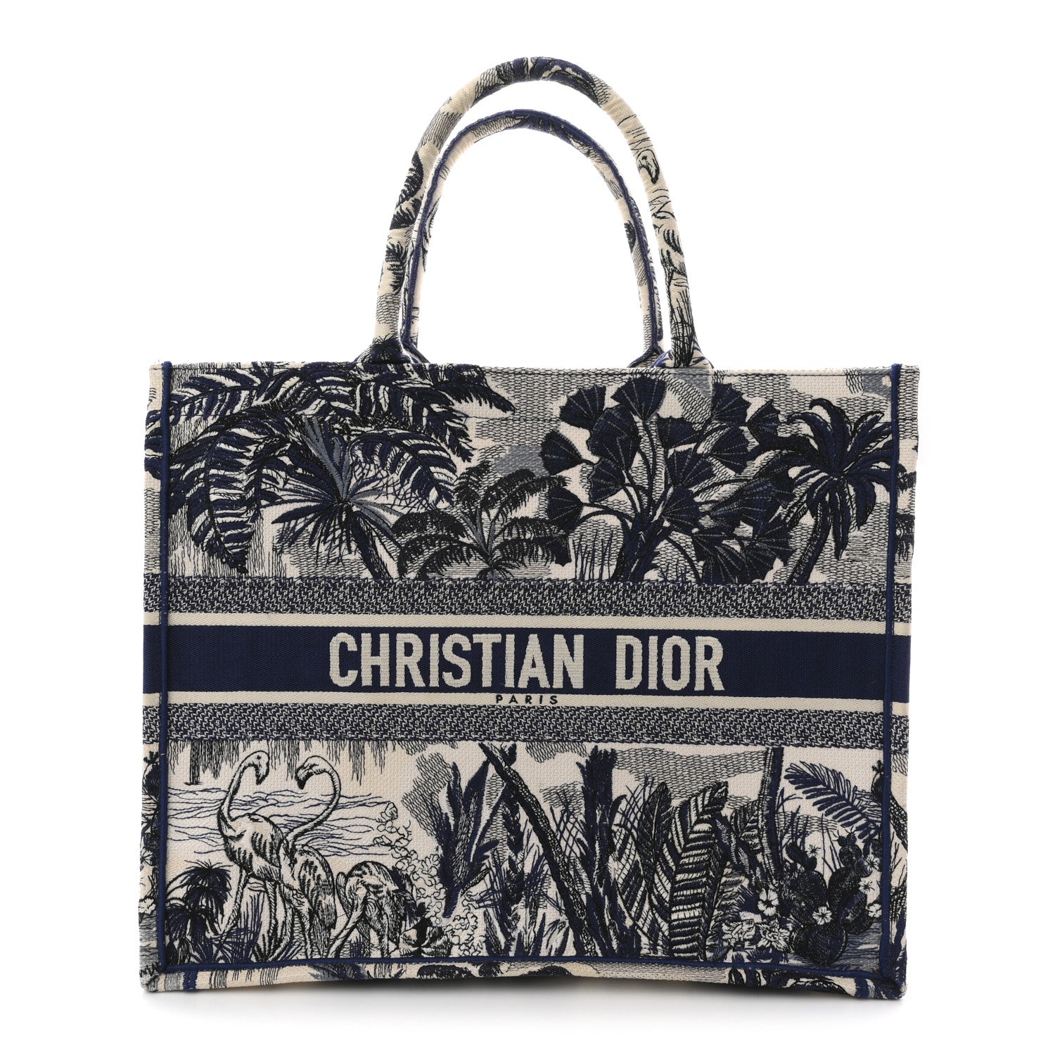 Christian Dior Canvas Embroidered Large Palm Tree Toile De Jouy Book Tote Blue