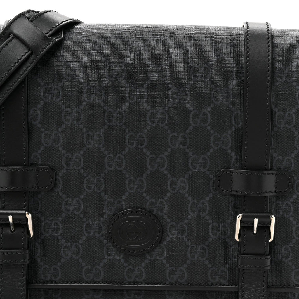 Gucci GG Supreme Monogram Textured Dollar Calfskin Retro Interlocking G Flap Messenger Bag Black
