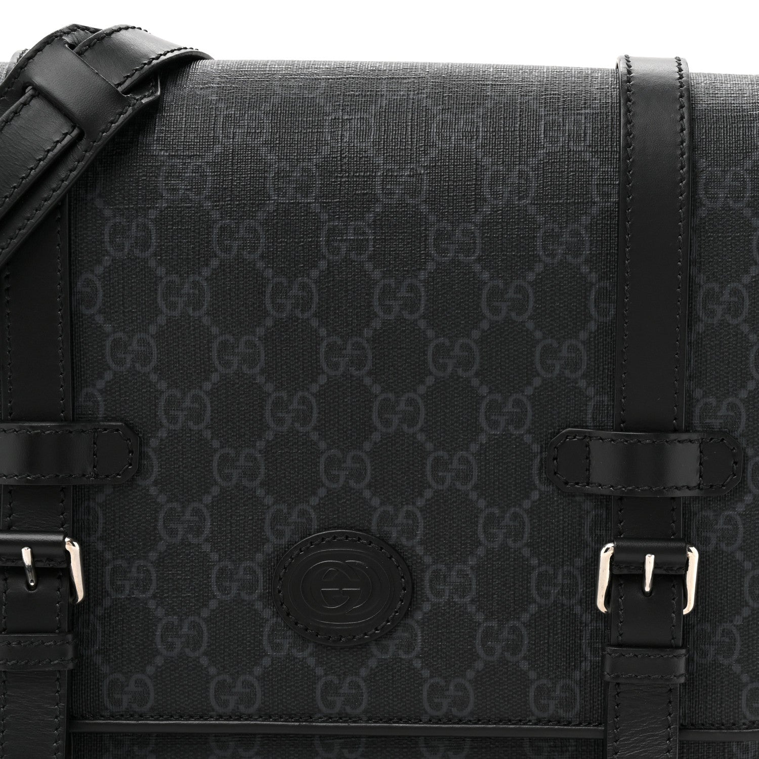 Gucci GG Supreme Monogram Textured Dollar Calfskin Retro Interlocking G Flap Messenger Bag Black