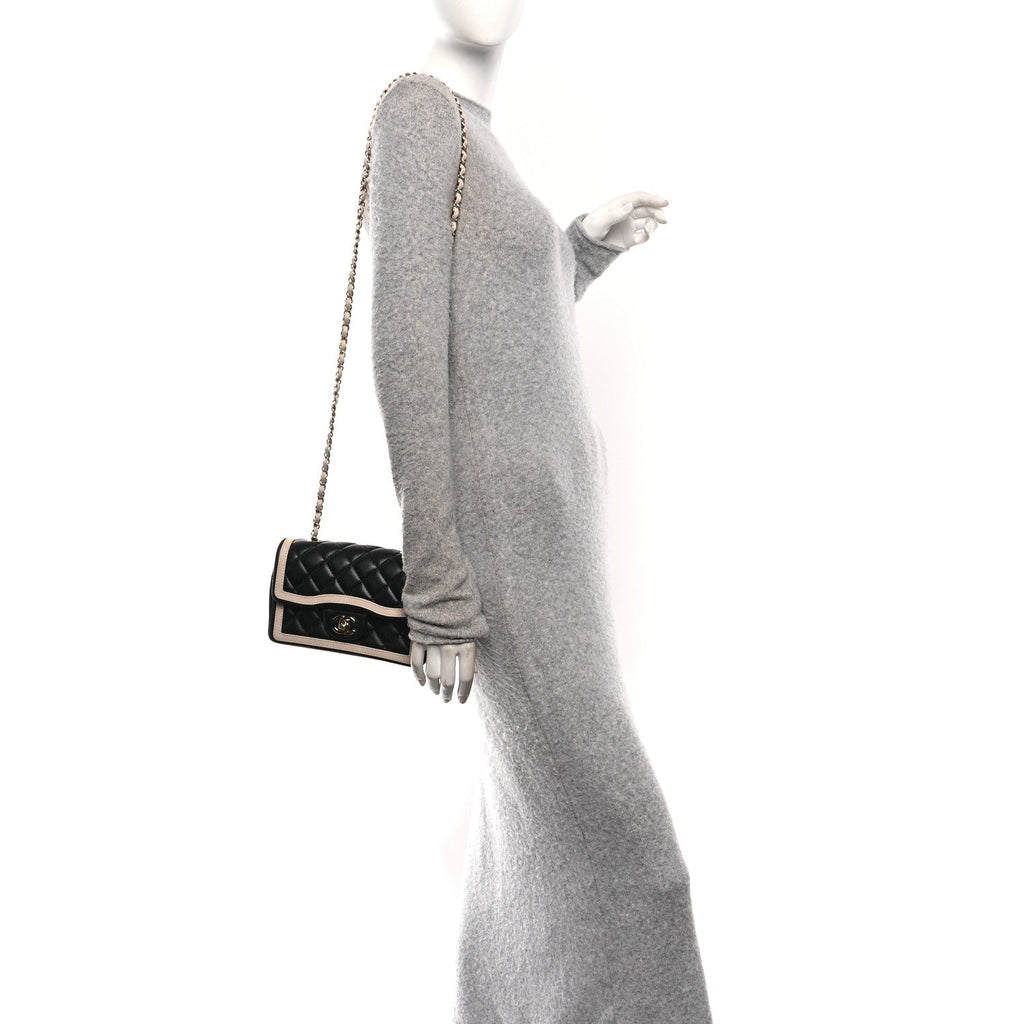 Chanel Shiny Lambskin Quilted Half Mini Flap Black Beige