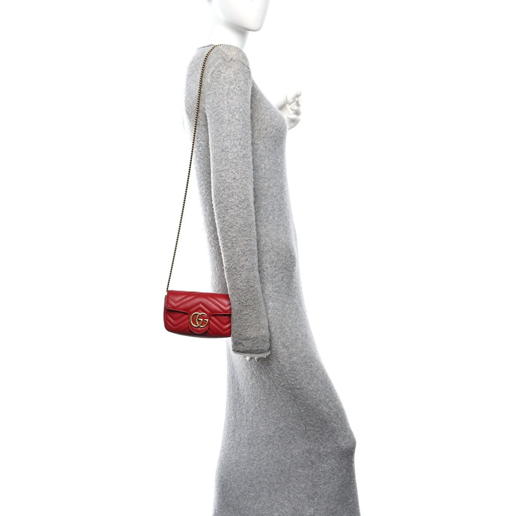 Gucci Calfskin Matelasse Super Mini GG Marmont Shoulder Bag Hibiscus Red