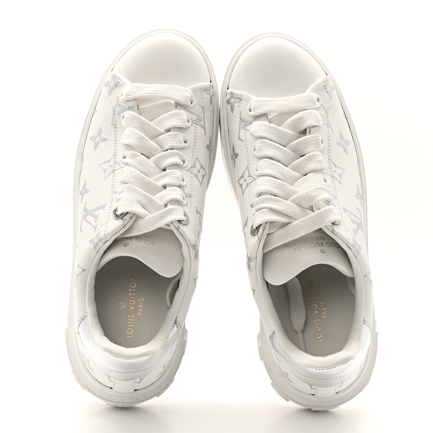 Louis Vuitton Calfskin Monogram Debossed Time Out Sneakers 38 White Silver