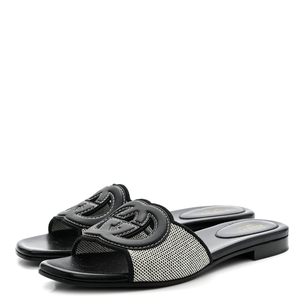 Gucci Cosmo Softy Calfskin Canvas Interlocking G Cut Out Slide Sandals 37.5 Natural Black