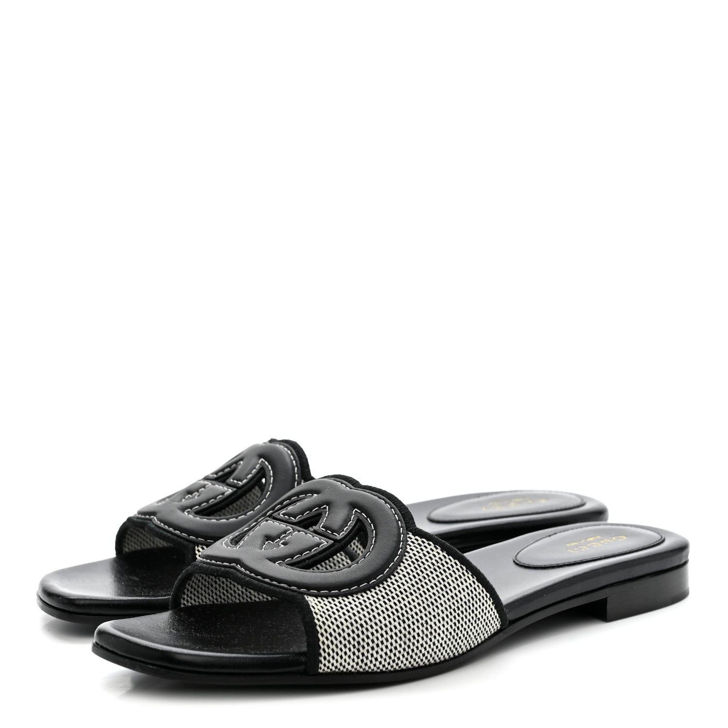 Gucci Cosmo Softy Calfskin Canvas Interlocking G Cut Out Slide Sandals 37.5 Natural Black