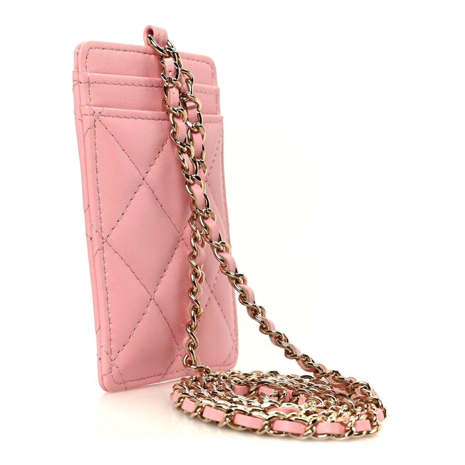 Lambskin Quilted Enamel Chanel Card Holder On Chain Light Pink