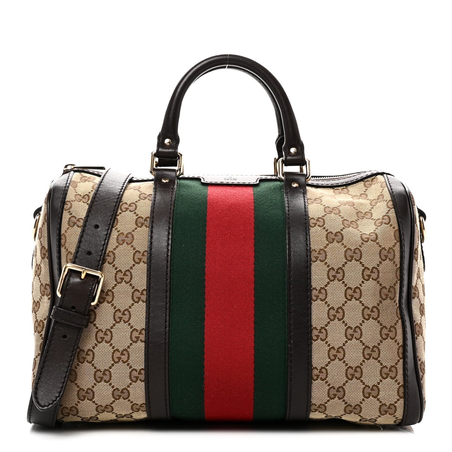 Gucci Monogram Selleria Calfskin Vintage Web Medium Boston Beige Ebony Cocoa