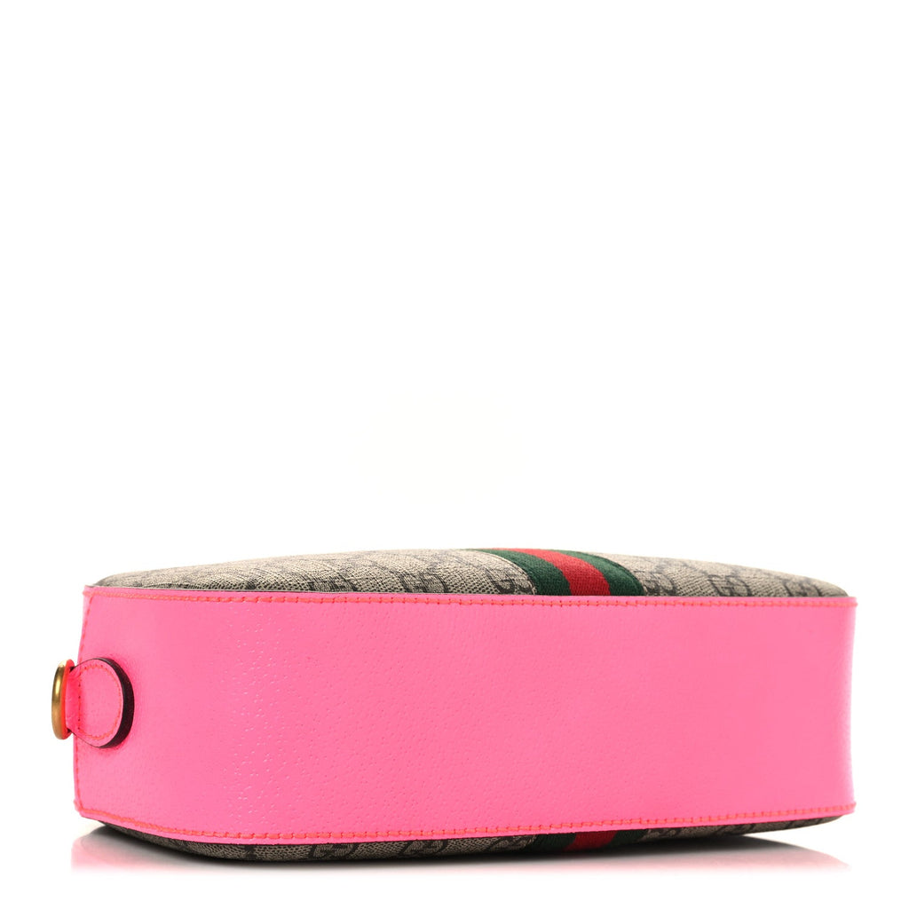 Gucci GG Supreme Monogram Textured Dollar Calfskin Web Ophidia Small Crossbody Bag Beige Ebony Fuchsia