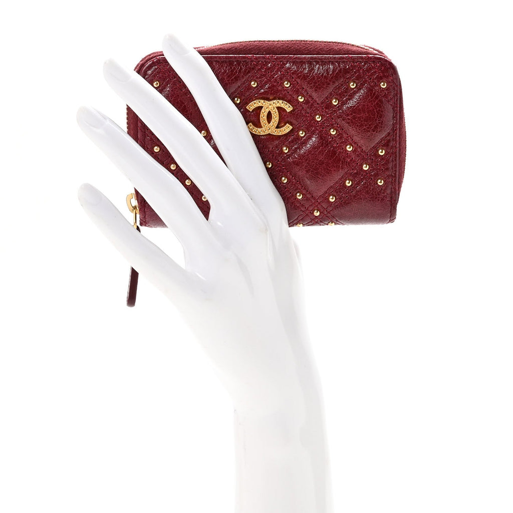 Lambskin Studded Quilted Compact Zip Around Wallet Burgundy
