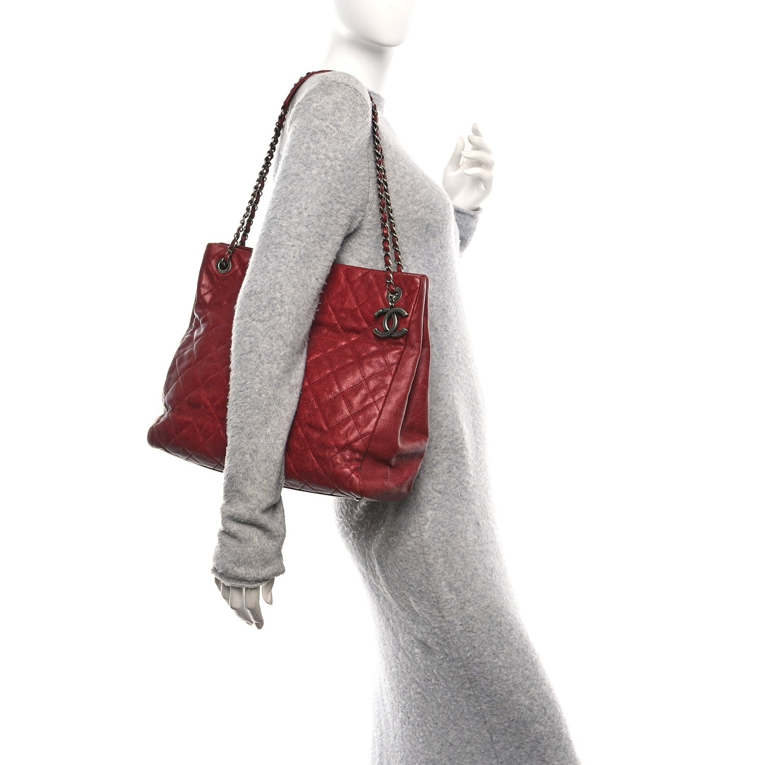 Chanel Iridescent Caviar Quilted Tall Chic Shopping Tote Red