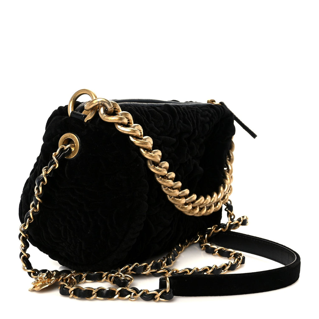 Chanel Velvet Camellia Embossed Barrel Clutch With Chain  Black