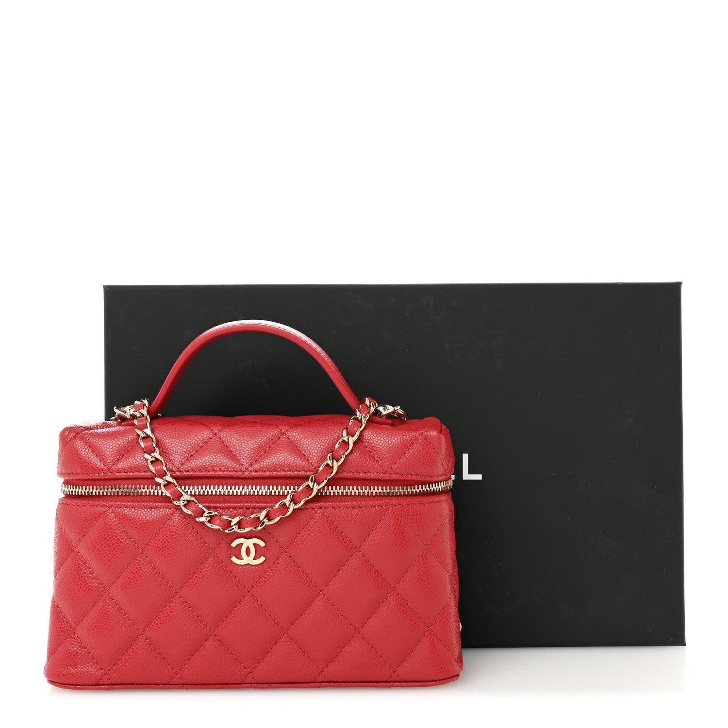 Chanel Caviar Quilted Top Handle Slim Vanity With Chain Red