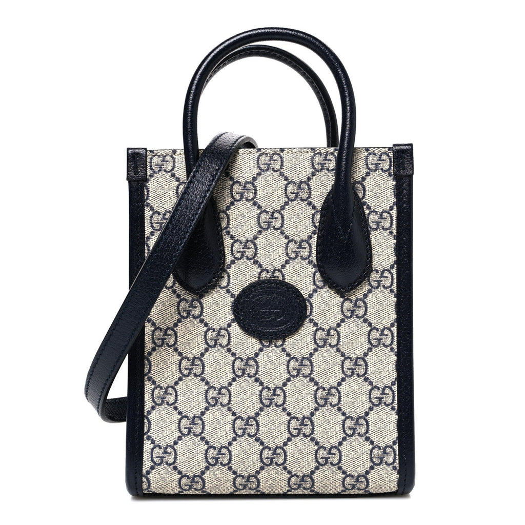 Gucci GG Supreme Monogram Textured Dollar Calfskin Mini Retro Interlocking G Tote Bag Beige Blue