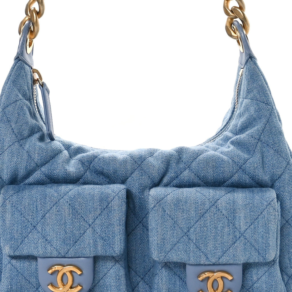Chanel Washed Denim Quilted Cargo Large Hobo Light Blue