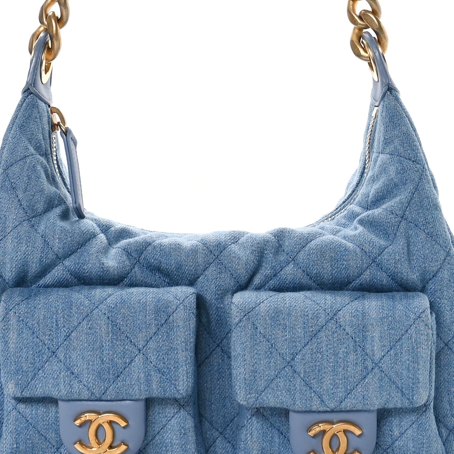 Chanel Washed Denim Quilted Cargo Large Hobo Light Blue