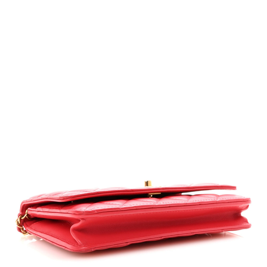 Chanel Lambskin Quilted CC Pearl Crush Wallet on Chain WOC Red
