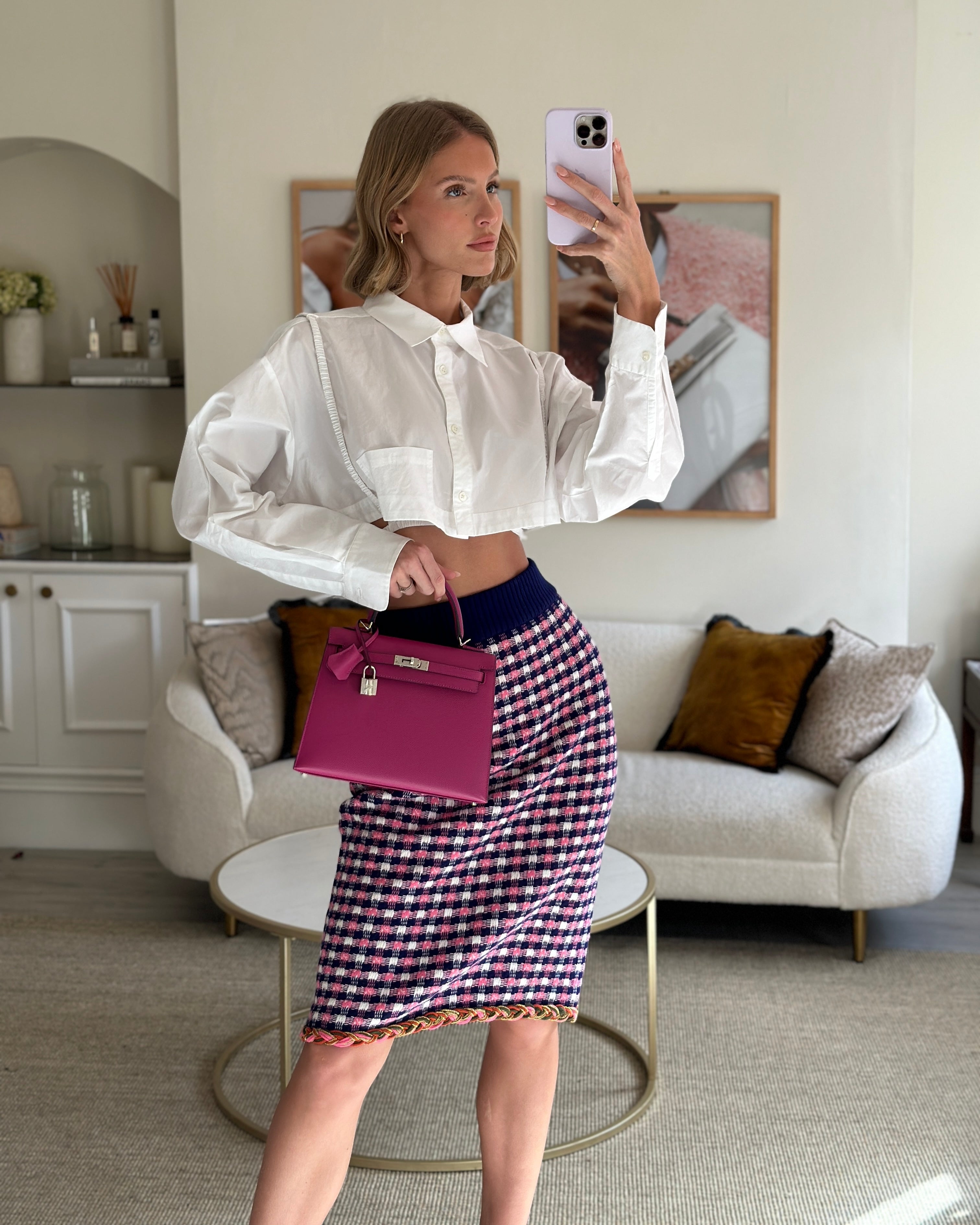 Gucci Pink, White and Purple Check Knitted Midi Skirt with Metallic Hem Size M (UK 10)