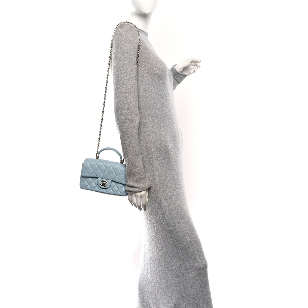 Chanel Lambskin Quilted Mini Top Handle Rectangular Flap Light Blue