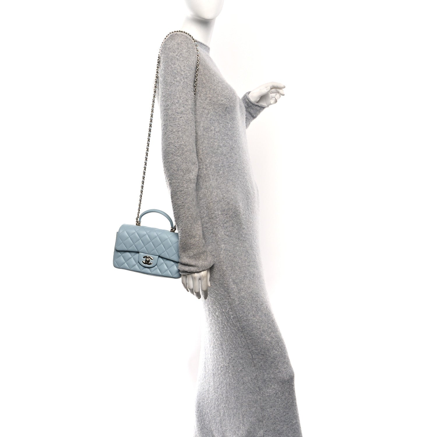 Chanel Lambskin Quilted Mini Top Handle Rectangular Flap Light Blue