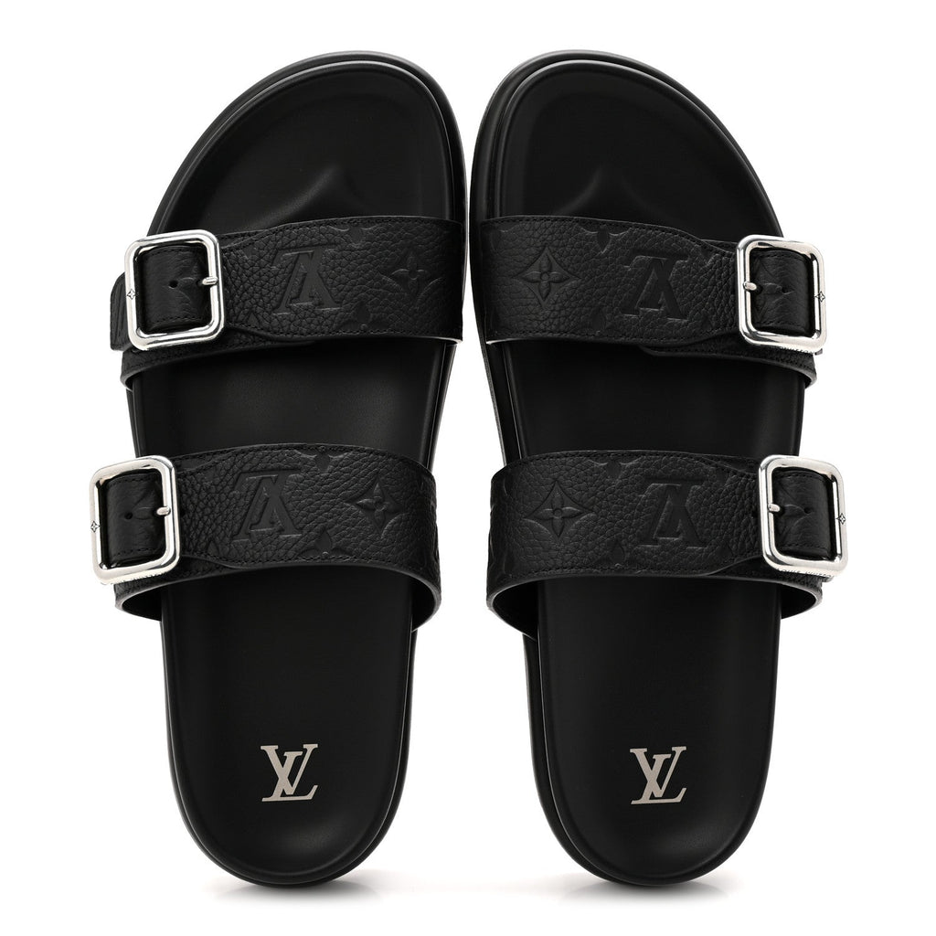 Louis Vuitton Grained Calfskin Embossed Monogram Mens Venice Mule Sandals 11 Black