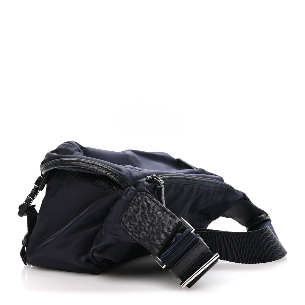 Prada Re-Nylon Saffiano Double Snap Buckle Zip Flap Shoulder Bag Bleu